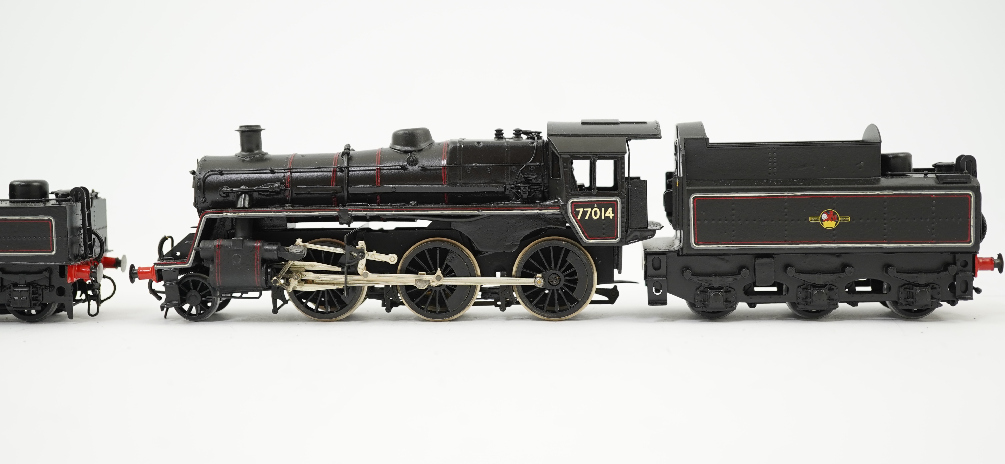 Two 00 gauge brass and white metal kit built BR tender locomotives; a Standard Class 2 2-6-0, 46437, together with a Standard Class 3 2-6-0, 77014, constructed, painted and lined to a high standard, both motored for two